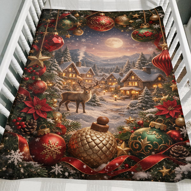 Moonlit Reindeer Snowy Village winter blanket folded over the side of a wooden crib as a cozy Christmas gift
