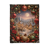 Flat lay of the Moonlit Reindeer Snowy Village Christmas blanket showing the whole illustrated scene from edge to edge