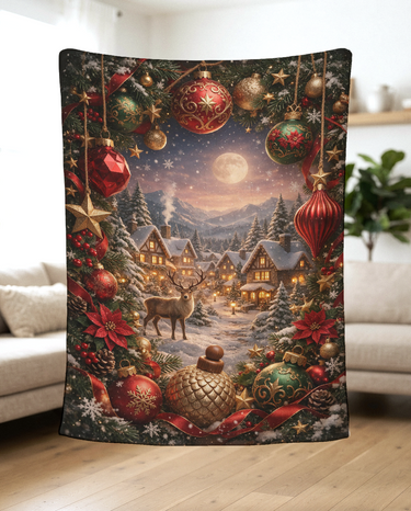 Moonlit Reindeer Snowy Village fleece blanket held up in a bright living room to show the full Christmas artwork and soft drape