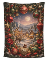 Moonlit Reindeer Snowy Village Christmas blanket printed edge to edge with a reindeer in a glowing snowy village under a full moon, framed by red, green and gold ornaments, poinsettias and ribbon, shown flat on a pure white background