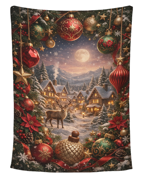 Moonlit Reindeer Snowy Village Christmas blanket printed edge to edge with a reindeer in a glowing snowy village under a full moon, framed by red, green and gold ornaments, poinsettias and ribbon, shown flat on a pure white background