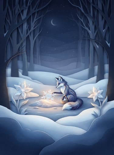 Full print artwork of the Frost Flower Snow Fox blanket: a silver snow fox placing a glowing snowflake between frost flowers in a moonlit paper-cut forest