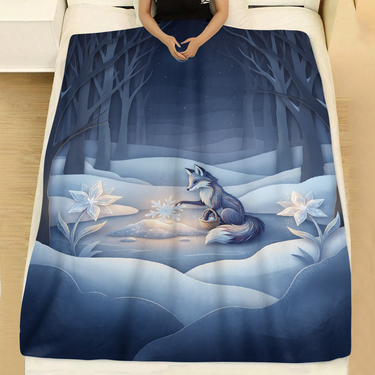 Frost Flower Snow Fox holiday throw blanket spread across a made bed with white linen, showing a silver snow fox placing a glowing snowflake between frost flowers