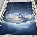 Frost Flower Snow Fox winter blanket folded over the side of a wooden crib as a cozy winter gift