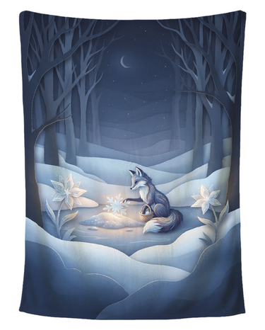 Frost Flower Snow Fox winter blanket printed edge to edge with a silver snow fox placing a glowing snowflake between frost flowers in a moonlit paper-cut forest, shown flat on a pure white background