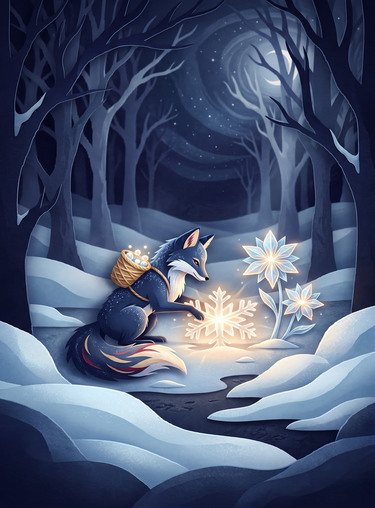 Full print artwork of the Moonlit Snow Fox Crystal Flower blanket: a navy snow fox with a woven basket planting a glowing snowflake beside crystal flowers under a crescent moon