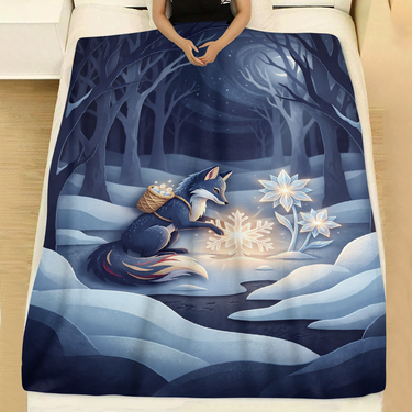 Moonlit Snow Fox Crystal Flower holiday throw blanket spread across a made bed with white linen, showing a navy snow fox with a woven basket planting a glowing snowflake beside crystal flowers under a crescent moon