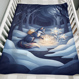 Moonlit Snow Fox Crystal Flower winter blanket folded over the side of a wooden crib as a cozy winter gift