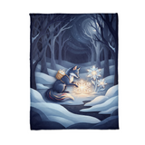 Flat lay of the Moonlit Snow Fox Crystal Flower winter blanket showing the whole illustrated scene from edge to edge