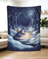 Moonlit Snow Fox Crystal Flower fleece blanket held up in a bright living room to show the full winter artwork and soft drape