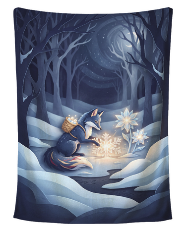 Moonlit Snow Fox Crystal Flower winter blanket printed edge to edge with a navy snow fox with a woven basket planting a glowing snowflake beside crystal flowers under a crescent moon, shown flat on a pure white background