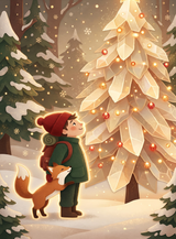 Full print artwork of the Crystal Tree Traveler and Fox blanket: a little traveler in a red hat and a red fox gazing up at a glowing crystal Christmas tree in a snowy pine forest