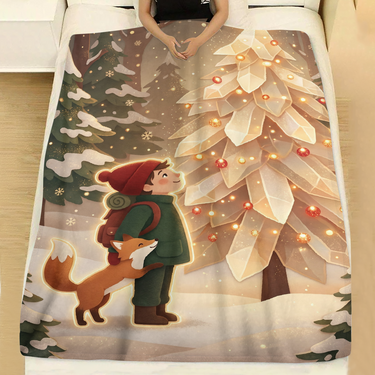 Crystal Tree Traveler and Fox holiday throw blanket spread across a made bed with white linen, showing a little traveler