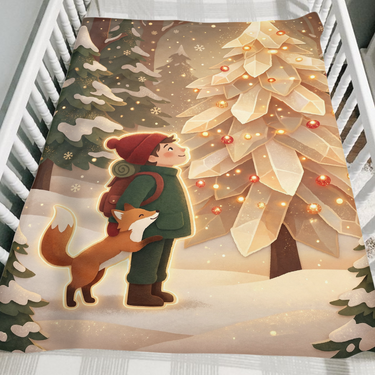 Crystal Tree Traveler and Fox winter blanket folded over the side of a wooden crib as a cozy Christmas gift