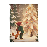 Flat lay of the Crystal Tree Traveler and Fox Christmas blanket showing the whole illustrated scene from edge to edge
