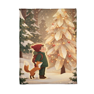 Flat lay of the Crystal Tree Traveler and Fox Christmas blanket showing the whole illustrated scene from edge to edge
