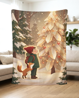 Crystal Tree Traveler and Fox fleece blanket held up in a bright living room to show the full Christmas artwork and soft drape