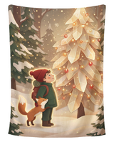 Crystal Tree Traveler and Fox Christmas blanket printed edge to edge with a little traveler in a red hat and a red fox gazing up at a glowing crystal Christmas tree in a snowy pine forest, shown flat on a pure white background