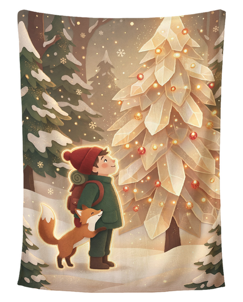 Crystal Tree Traveler and Fox Christmas blanket printed edge to edge with a little traveler in a red hat and a red fox gazing up at a glowing crystal Christmas tree in a snowy pine forest, shown flat on a pure white background