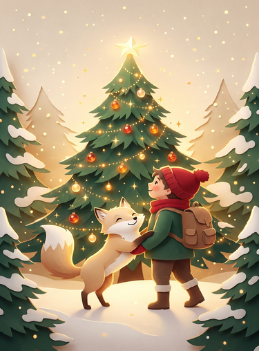 Full print artwork of the Glowing Tree Traveler and Fox blanket: a little traveler in a red hat hugging a smiling fox beneath a lit Christmas tree with amber ornaments and falling snow