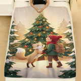 Glowing Tree Traveler and Fox holiday throw blanket spread across a made bed with white linen, showing a little traveler