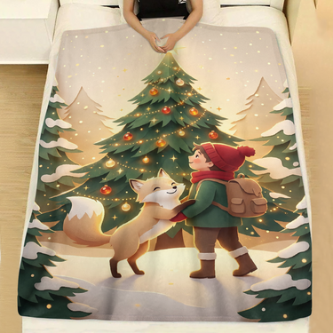 Glowing Tree Traveler and Fox holiday throw blanket spread across a made bed with white linen, showing a little traveler
