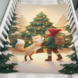 Glowing Tree Traveler and Fox winter blanket folded over the side of a wooden crib as a cozy Christmas gift