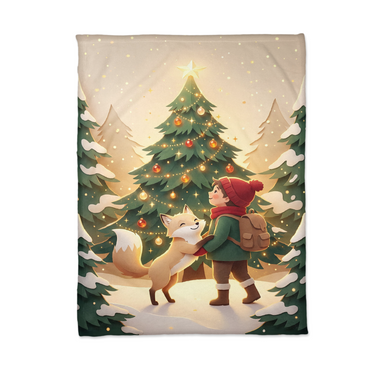 Flat lay of the Glowing Tree Traveler and Fox Christmas blanket showing the whole illustrated scene from edge to edge