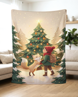 Glowing Tree Traveler and Fox fleece blanket held up in a bright living room to show the full Christmas artwork and soft drape