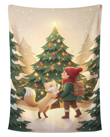 Glowing Tree Traveler and Fox Christmas blanket printed edge to edge with a little traveler in a red hat hugging a smiling fox beneath a lit Christmas tree with amber ornaments and falling snow, shown flat on a pure white background