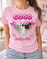 Woman wearing a light pink Y2K pet photo t-shirt with a pug and a white cat inside a rhinestone heart and the name Coco in pink bubble letters