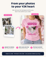 From your photo to your Y2K heart shirt: upload pet photos, add a name and a line, pick the heart color and order