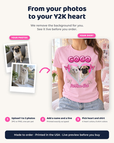 From your photo to your Y2K heart shirt: upload pet photos, add a name and a line, pick the heart color and order