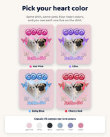 Four heart colors for the Y2K pet photo t-shirt: hot pink, lilac, baby blue and cherry red, plus six shirt colors