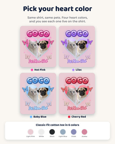 Four heart colors for the Y2K pet photo t-shirt: hot pink, lilac, baby blue and cherry red, plus six shirt colors