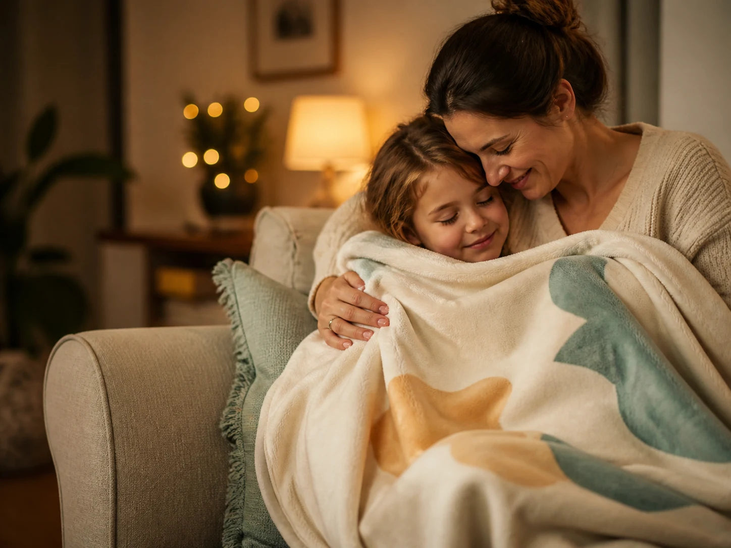 Mother and child sharing a personalized blanket gift