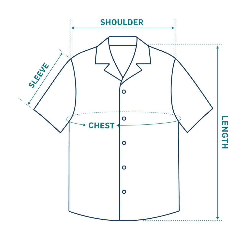 Where each Hawaiian shirt measurement is taken: shoulder, sleeve, chest and length